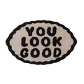 Oval beige tufted bath mat featuring black YOU LOOK GOOD text and wavy borders - YOULOOKGOOD-Coffee Olive