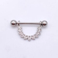 Macro view of silver stainless steel nipple ring with sparkling leaf-shaped zircon stones - Steel - Marquise U-Shape