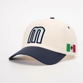 Detail of contrast baseball cap with m embroidery and Mexican flag on side profile - Adjustable / Cream/Navy Blue
