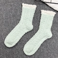 Plush light green coral fleece socks with white fuzzy cuffs for warm winter home wear - One Size / Light Green