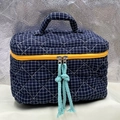 Quilted blue checkered makeup bag with yellow zipper and convenient top handle - 24*16*16cm / Navy Blue Plaid