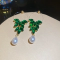 Elegant gold earrings featuring emerald green leaves and a white teardrop pearl pendant - Green Leaf Style with Artificial Pearl (Ref 22 Silver Earring Post - Green)