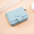 Light blue lychee pattern leather short wallet for women with zipper closure - Blue