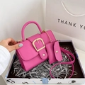 Rose pink crossbody square bag set with lychee grain leather and gold buckle - Rose Pink
