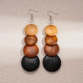 Detail of bohemian wood bead earrings showing brown to black gradient geometric discs - Ear Hook-Coffee