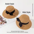Braune Strohhüte für Eltern und Kind mit eleganter schwarzer Schleife zum Sonnenschutz - Khaki / M (56-58cm)