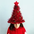 Classic red Christmas tree hat with green pom-poms and shiny tinsel for holiday party decoration - Double Layer Red Without Light