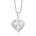 Silver heart locket necklace with a minimalist pet paw print engraving detail - PN-1364S-1 Silver Paw Print
