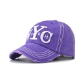 Macro view of distressed purple cotton baseball cap with white NYC 3D embroidery detail - Adjustable / NYC Purple