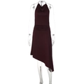 Detailed view of the dark red halter neck dress with ruched waist and asymmetrical hemline - S / Brown
