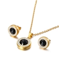 Golden jewelry set with black crystal round pendant necklace and matching stud earrings - Black