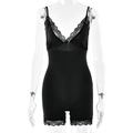 Detail of black lace trim on a sleek bodysuit camisole shown on a transparent mannequin - L / Black