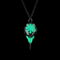 Luminous viking raven skull necklace showing bright green glow effect in the dark - Antique Silver Green Glow
