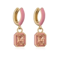Detail of pink enamel square earrings with gold plating and champagne zirconia stones - Pink Enamel Champagne Zircon