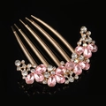Golden alloy five-tooth hair comb with pink teardrop gems and clear rhinestones - Pink