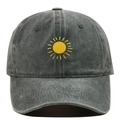 Close-up of yellow sun embroidery on dark gray washed cotton vintage baseball cap - Army Green