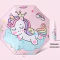 Pink automatic unicorn folding umbrella for kids with matching printed sleeve cover - 306 Automatic - Unicorn [Reflective Strip]