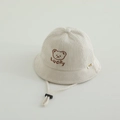Chapeau de soleil en velours côtelé pour bébé avec broderie ours et cordon réglable - 48-50cm (1-2 ans) / Style Lucky / Blanc Cassé