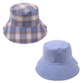 Detail of reversible bucket hat with blue plaid and solid light blue sides - One Size / Blue And White Plaid