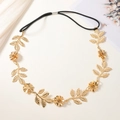 Goldenes Haarband mit Blättern und Blumen aus Metall, Strass und schwarzem Gummiband - Silberne Schnalle Gold