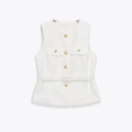 Detail of off-white tweed vest featuring metallic gold buttons and textured fabric finish - XS / White