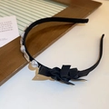 Elegant black flocked headband with white pearls and a stylish silk bow accent - Black Pearl Bow Style (59#)