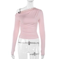 Detailansicht rosa schulterfreies Langarmshirt mit modischen seitlichen Raffungen - XS / Rosa