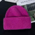 Thick knit rabbit fur beanie in vibrant magenta pink, warm double-layered winter hat - M (56-58cm) / Raspberry Purple