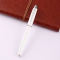Executive white rollerball pen with silver arrow clip on brown leather notebook - White with Silver Trim