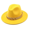 Detail view of yellow wool fedora hat featuring a chunky gold chain link decoration - M (56-58cm) / Yellow