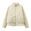 Women's cream white quilted jacket with stand collar, large pockets and zipper closure - XS / White