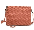 Detailed view of coral pink hand-woven leather texture and gunmetal hardware on bag - Lotus root pink