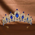 Detailed close-up of golden bridal crown featuring blue gemstones and sparkling rhinestones - Imitation Gold Royal Blue