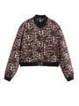Flat lay of leopard print bomber jacket featuring black ribbed trim and large front pockets - XS / Brown Animal Print