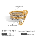Waterproof stainless steel rings in gold and silver finish with rhinestones and safety pin design - Two-tone Diamond Safety Pin Shape Ring Set (JDR0304008-PS-8) / Gold and Silver Two-tone