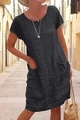 Women's loose black short-sleeve cotton linen dress with crew neck and side pockets - 3XL / Black