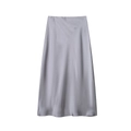 Detail of lavender grey satin midi skirt featuring silky texture and elegant drape finish - Silver Gray