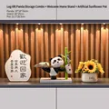 Panda desk organizer with gold tray, floral pot and decorative plaque for entryway decor - Panda Raising Leg Storage + Sunflower Ornament + Welcome Home Frame