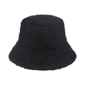 Close-up of thick black plush texture and soft faux fur material on a winter bucket hat - Black