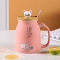 Pink ceramic cat mug with wooden lid and metal spoon featuring a cute kitten topper - Pink