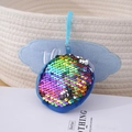 Rainbow sequin round coin purse with blue plush back and hanging hook attachment - Multicolor