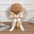 Elegant khaki straw sun hat with white lace trim, pink flowers and a large bow - Flat Top Flower Knot - Khaki