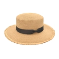 Sombrero canotier de paja con lazo negro y borde deshilachado para protección solar veraniega - M (56-58cm) / Caqui