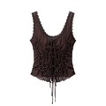 Dark brown mesh bustier top with vintage ruched bow and lace trim on white background - S / Coffee