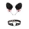 Détail du serre-tête oreilles de chat en peluche et collier choker en cuir avec nœuds roses - Noeud Cloche Et Choker Chat / Noir/Rose