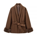 Brown wool coat for women with faux fur cuffs and a waist tie belt design - S / Dark Brown