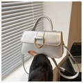 Close-up of silver handbag with metallic texture, gold D-ring buckle and top handle detail - Silver