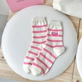 Pink and white striped cotton socks with Show embroidery and ribbed cuffs for women - One Size / Pink Stripe