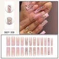 Pink and white French press-on nails with 3D floral designs, pearls, and heart charms - SGCY-308 / Glue Type