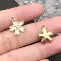 Golden flower pendants set with white enamel and sparkling crystal accents - 1Pc White Rhinestone Cherry Blossom 14x16mm